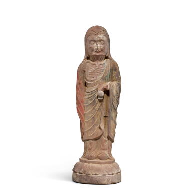 View full screen - View 1 of Lot 9732. A painted stone Luohan | 石雕彩繪羅漢.