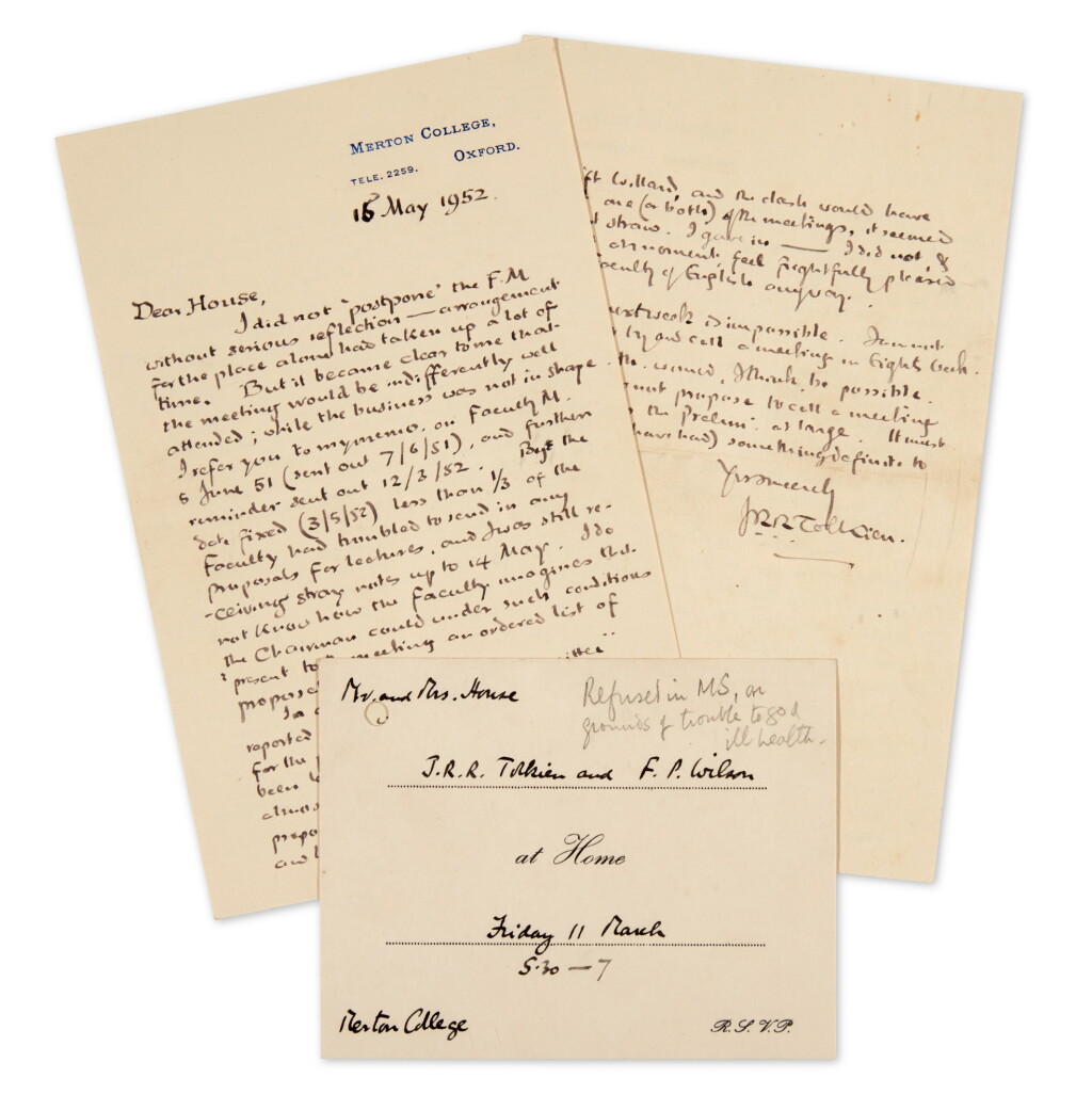 View full screen - View 1 of Lot 248. J.R.R. Tolkien | Autograph letter signed to Arthur Humphry House, 16 May 1952, with handwritten invitation from Tolkien and F.J.P. Wilson to "Mr. and Mrs. House".