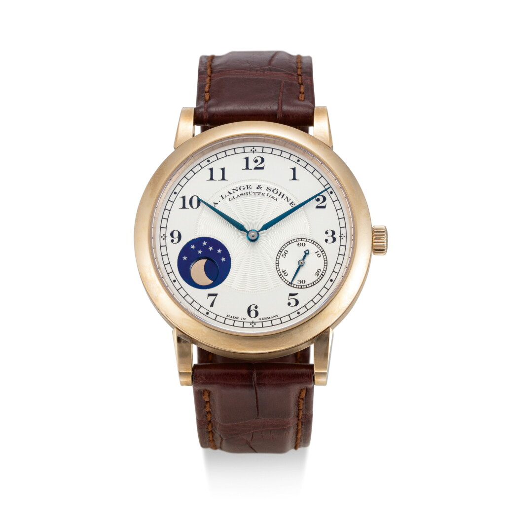 View full screen - View 1 of Lot 2152. A. LANGE & SÖHNE | 1815 HOMAGE TO F.A LANGE 1815 MOONPHASE, REFERENCE 212.050 A LIMITED EDITION HONEY GOLD WRISTWATCH WITH HACKING FEATURE AND MOON PHASES, MADE TO COMMEMORATE THE 165TH ANNIVERSARY OF A. LANGE & SÖHNE IN 2010, CIRCA 2011" | 朗格 | 1815 Homage to F.A Lange 1815 Moonphase 型號212.050 限量版蜜糖金腕錶,備月相顯示,為紀念品牌誕辰165週年而製,機芯編號84154,錶殼編號194186及016/265,約2011年製".