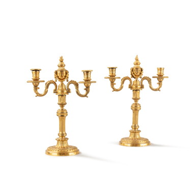 View full screen - View 1 of Lot 74. A pair of Louis XVI gilt-bronze three-light candelabra, circa 1780.