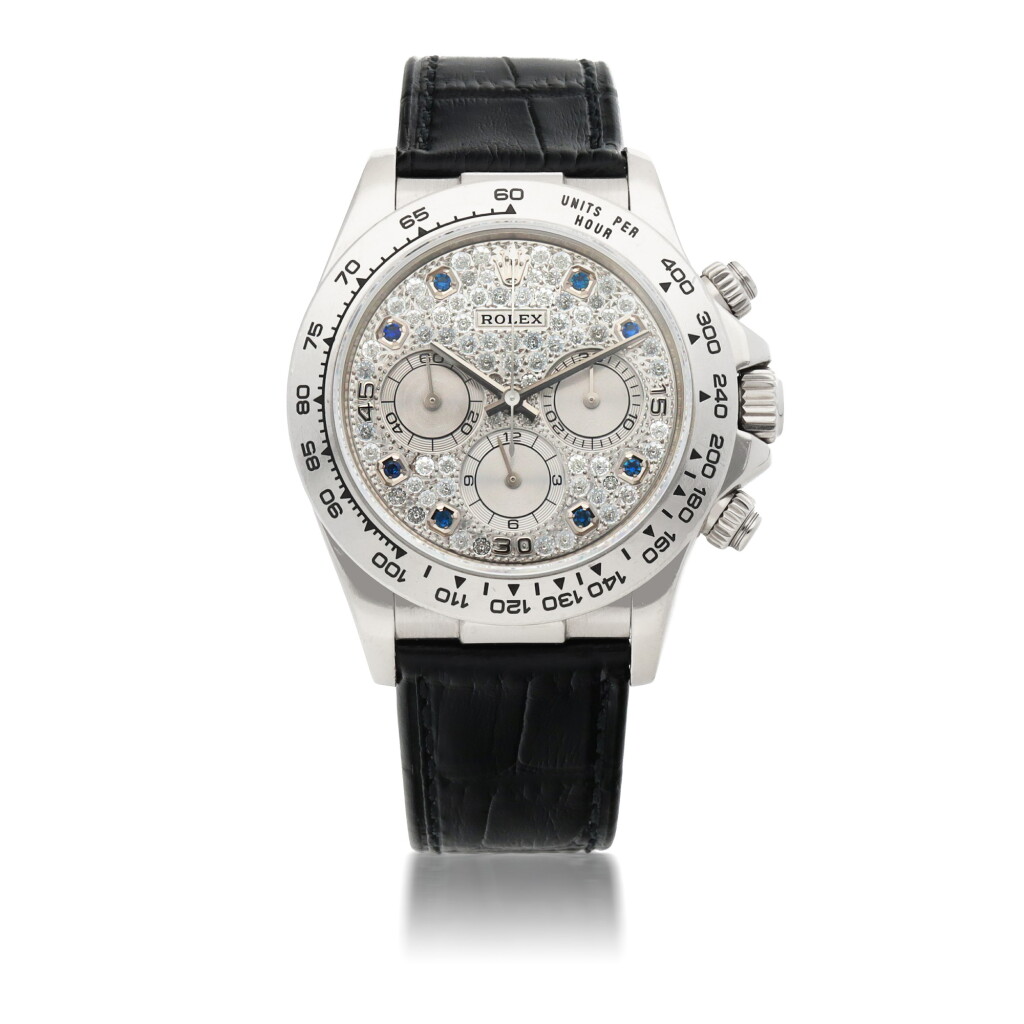 View full screen - View 1 of Lot 1152. ROLEX | 'ZENITH' DAYTONA, REF 16519 WHITE GOLD DIAMOND AND SAPPHIRE-SET CHRONOGRAPH WRISTWATCH CIRCA 2000.