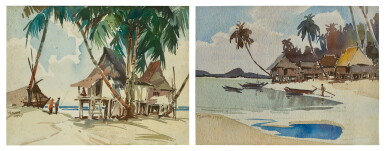 View full screen - View 1 of Lot 2049. Yong Mun Sen 楊曼生 | (i) Kampong and Fishermen (ii) Kampong, Palm Trees and Boat (i) 甘榜與漁民 (ii) 甘榜,棕櫚樹與船.
