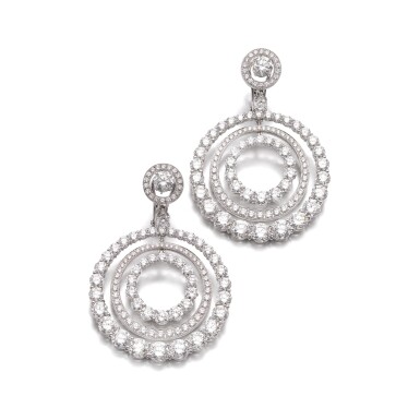 View full screen - View 1 of Lot 406. Pair of diamond pendent earrings.