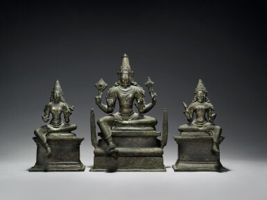View full screen - View 1 of Lot 371. A Copper Alloy Figure of Vishnu, Bhudevi and Sridevi, South India, Vijayanagar, circa 14th/15th Century.