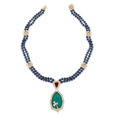 View full screen - View 1 of Lot 469. Emerald, ruby, sapphire and diamond necklace.