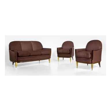 View full screen - View 1 of Lot 144. ÉMILE-JACQUES RUHLMANN | "DUCHARNE" SOFA AND PAIR OF ARMCHAIRS.
