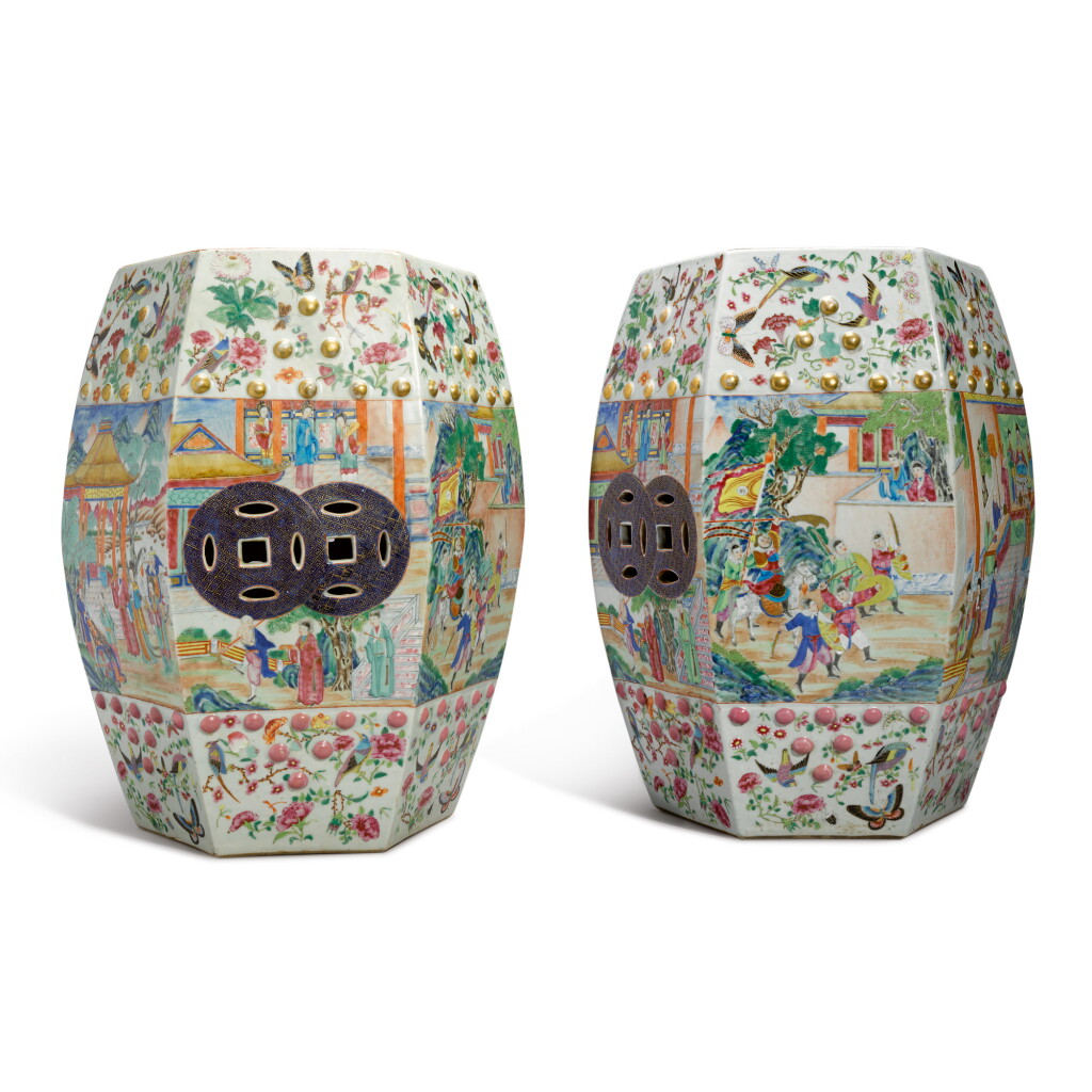 View full screen - View 1 of Lot 866. A PAIR OF HEXAGONAL FAMILLE-ROSE GARDEN SEATS, QING DYNASTY, 19TH CENTURY.
