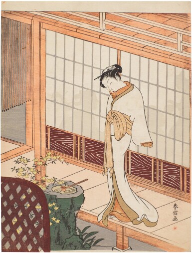 View full screen - View 1 of Lot 2. Suzuki Harunobu (1725-1770) | A courtesan standing on an engawa (veranda) | Edo period, 18th century.