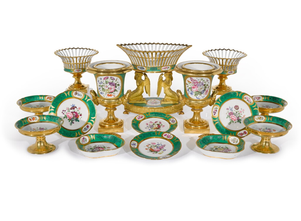 View full screen - View 1 of Lot 100. A Paris (Rihouet) green-ground part dessert service, circa 1835.