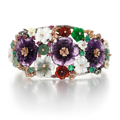 View full screen - View 1 of Lot 197. Gem set and diamond cuff bracelet.