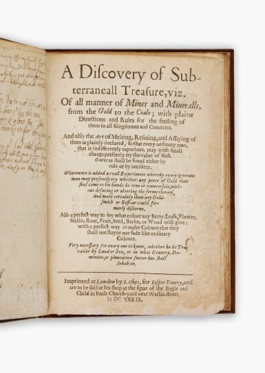 View full screen - View 1 of Lot 166. Plattes, Gabriel | A Discovery of Subterraneall Treasure, viz. of all manner of Mines and Mineralls, from the Gold to the Coale.