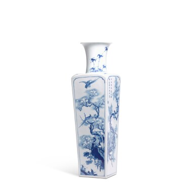 View full screen - View 1 of Lot 325. An inscribed blue and white quadrangular vase, Mark and period of Kangxi | 清康熙 青花山水詩文四方瓶 《大清康熙年製》款.