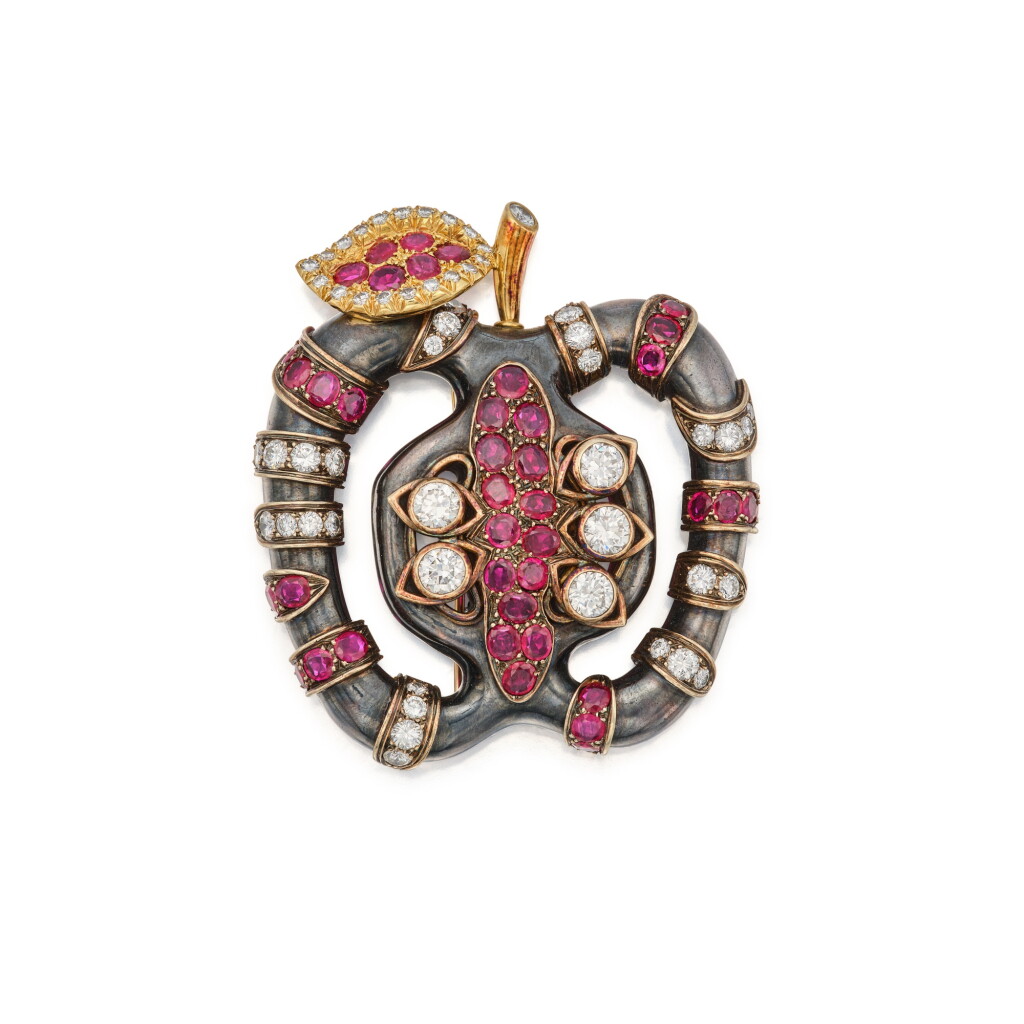 View full screen - View 1 of Lot 156. A Silver, Gold, Ruby and Diamond Pendant-Brooch.
