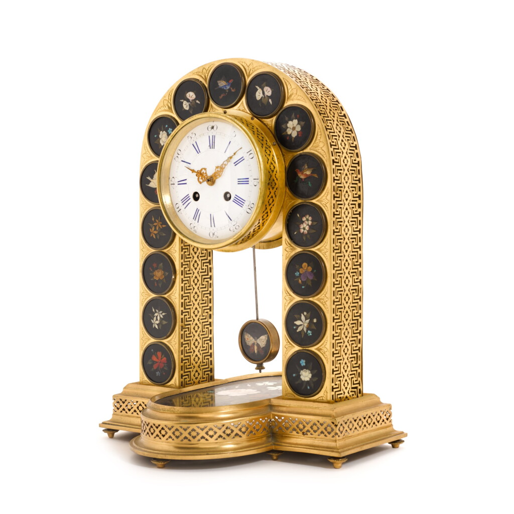 View full screen - View 1 of Lot 142. A gilt-brass and pietra dura mantel clock, Italian/French, circa 1880.