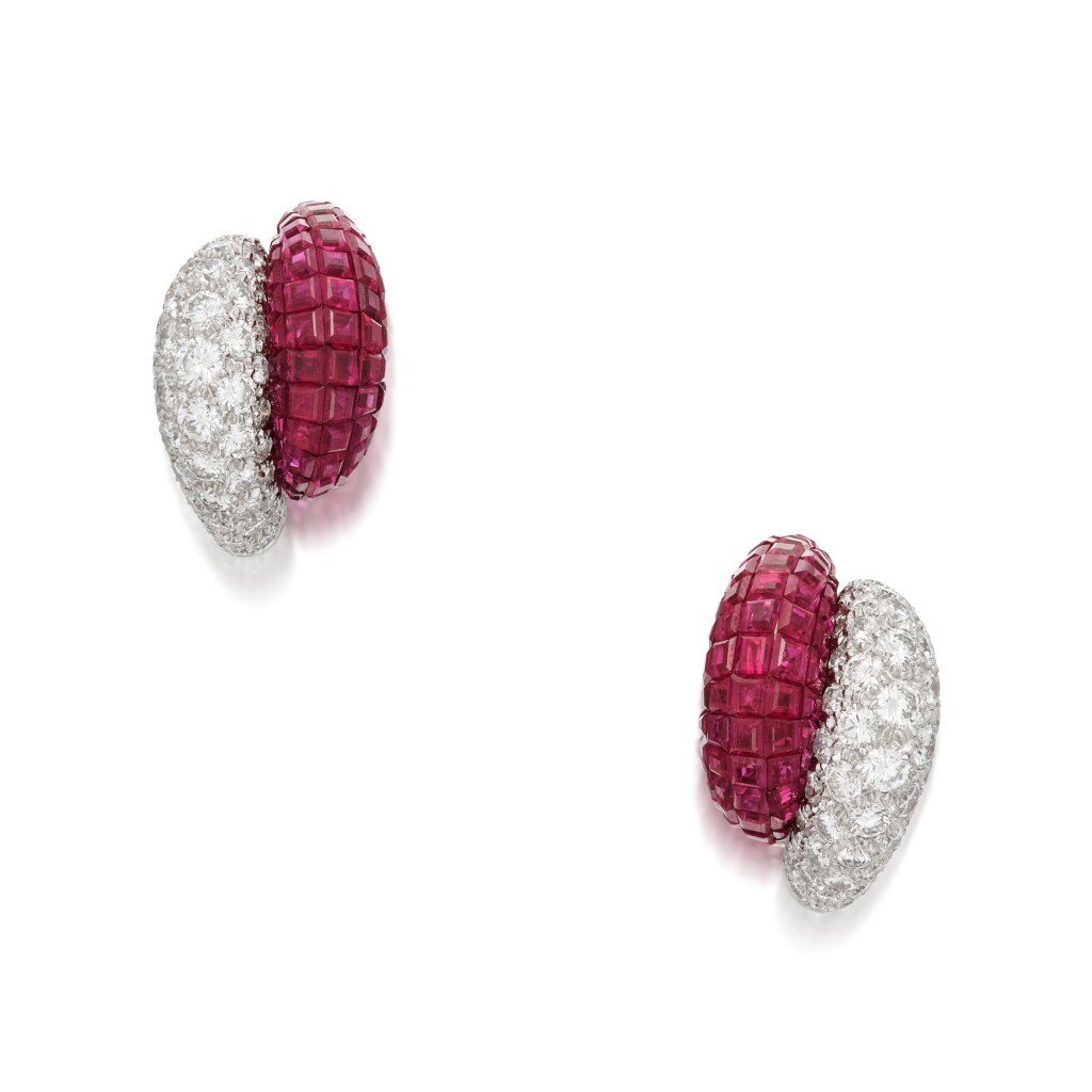 View full screen - View 1 of Lot 232. Pair of 'Mystery-Set' Ruby and Diamond Earclips, France .