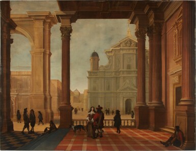 View full screen - View 1 of Lot 147. An architectural capriccio with elegant figures and a church beyond.