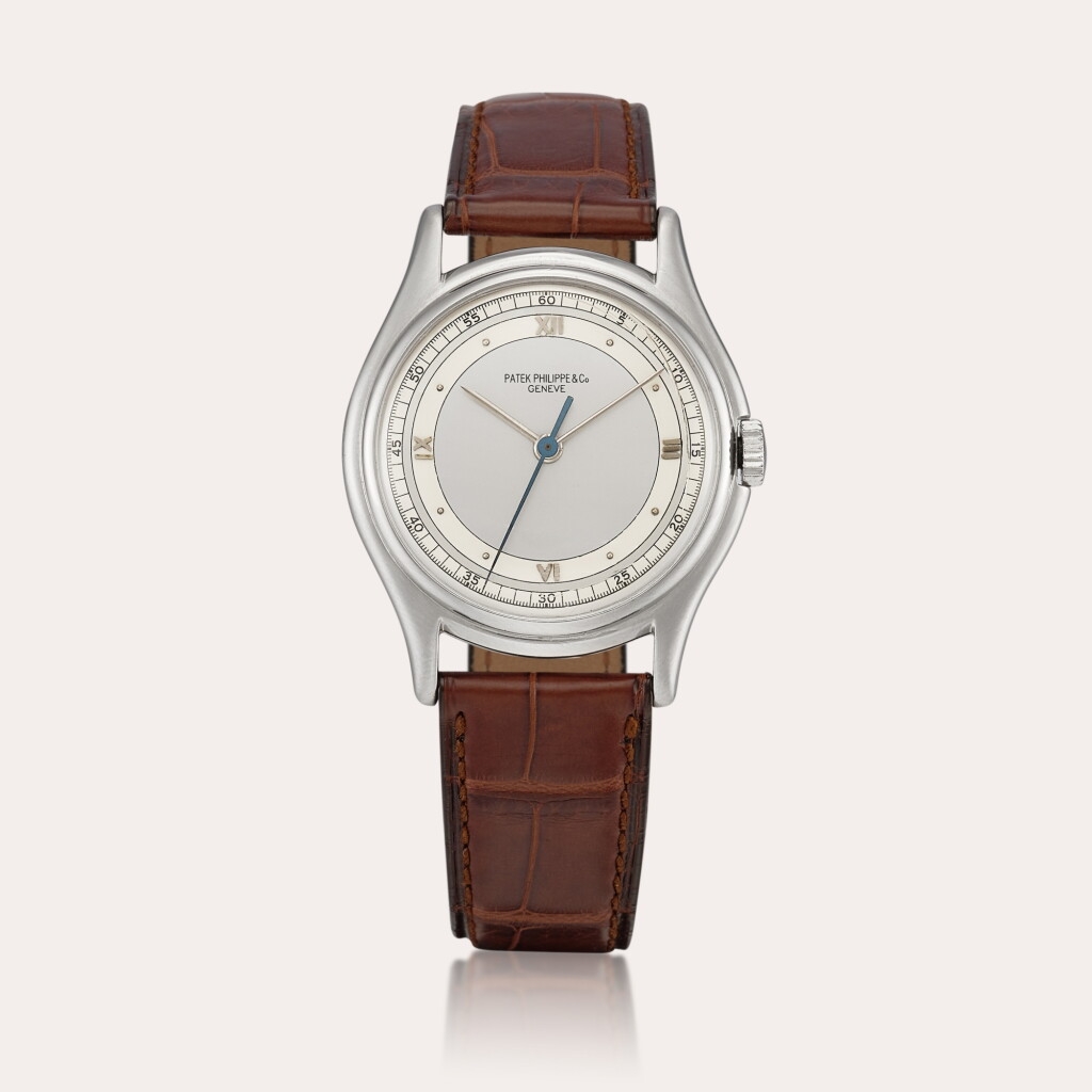 View full screen - View 1 of Lot 2351. Reference 1527 A stainless steel wristwatch with two-tone silvered dial and indirect centre seconds, Made in 1944|百達翡麗|型號1527|精鋼腕錶,備雙色銀製錶盤及間接中心秒針,1944年製.