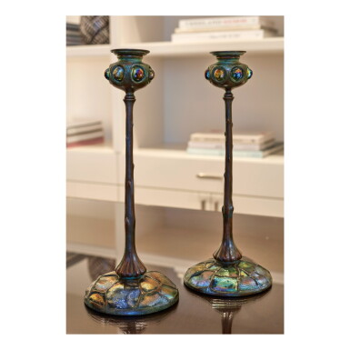 View full screen - View 1 of Lot 115. Pair of Jeweled "Turtle Back" Candlesticks.