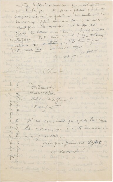 View full screen - View 1 of Lot 112. Lettre autographe signée à son ami l'acteur Robert Le Vigan, 1er octobre 1950, écrite du Danemark.