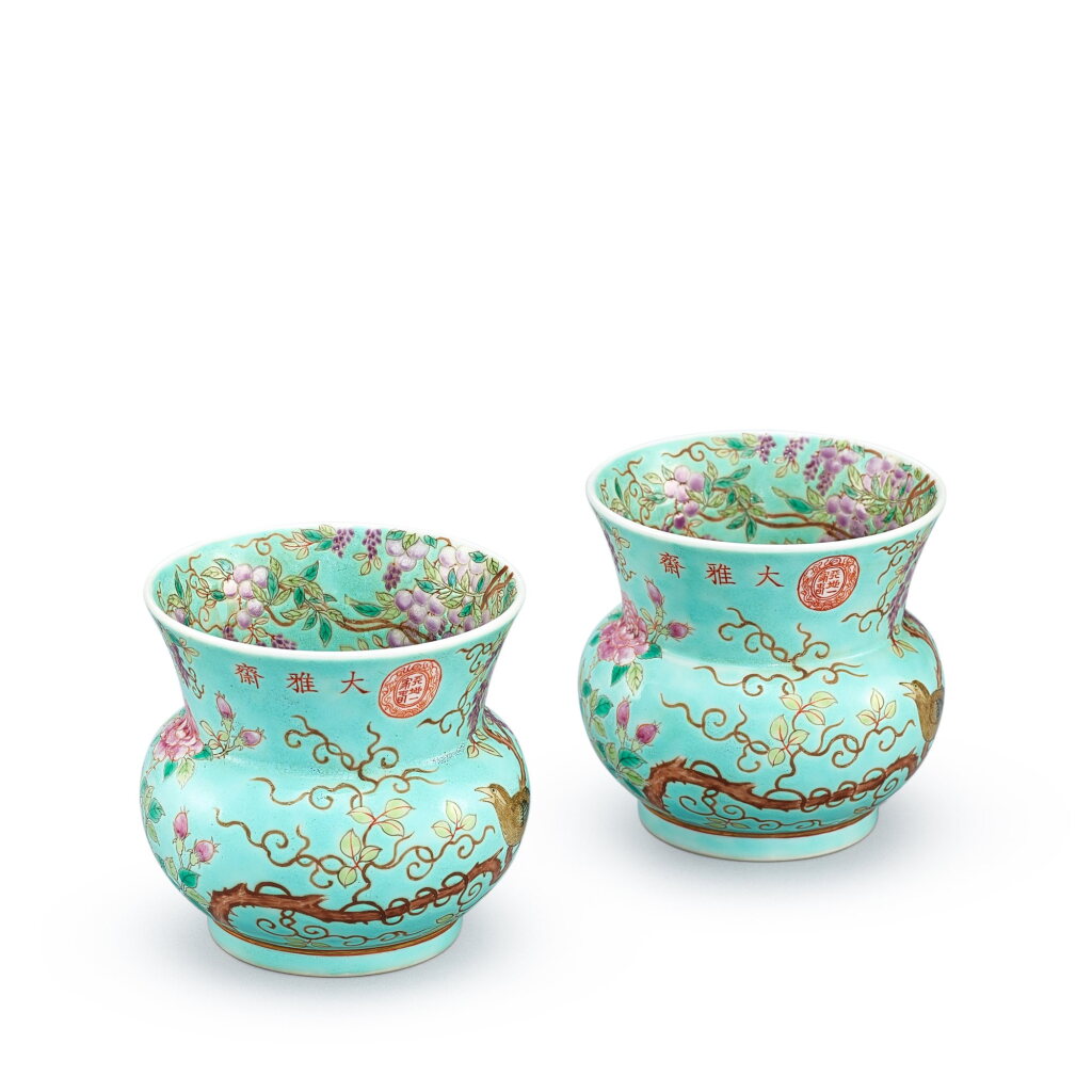 View full screen - View 1 of Lot 434. A pair of turquoise-ground famille-rose 'dayazhai' zhadou, Qing dynasty, Guangxu period 清光緒 大雅齋松綠地粉彩花鳥紋渣斗一對 《大雅齋》、《天地一家春》、《永慶長春》款.