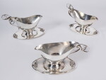 A Set of Three Danish Silver Sauce Boats, Stands, and Ladles, No. 177A, Georg Jensen Silversmithy, Copenhagen, 20th Century