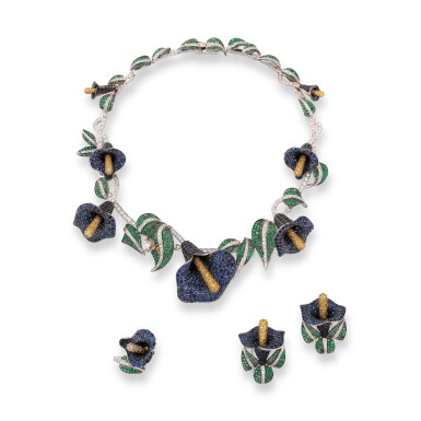 View full screen - View 1 of Lot 230. Parure pierres de couleur et diamant | Gem-set and diamond parure.