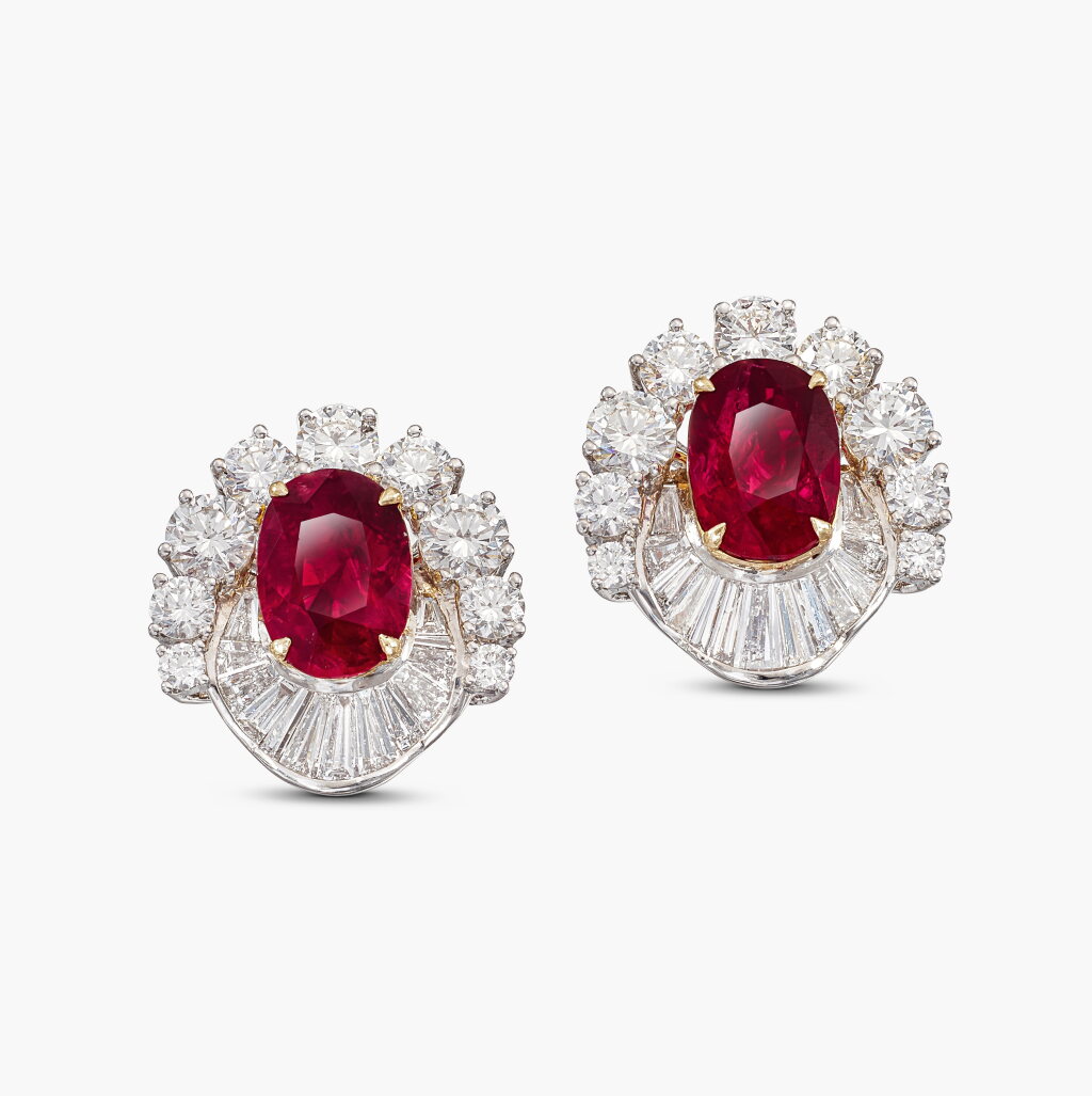 View full screen - View 1 of Lot 1614. Pair of Ruby and Diamond Earrings | 2.63 及 2.59克拉 天然「緬甸」未經加熱紅寶石 配 鑽石 耳環一對.