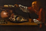 A kitchen interior with a sturgeon, a turtle, and the figure of an old man in red