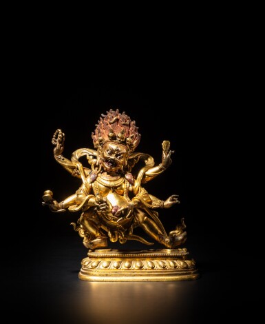 View full screen - View 1 of Lot 25. A gilt-bronze figure of Mahakala, Qing dynasty, 18th century | 清十八世紀 銅鎏金大黑天立像.