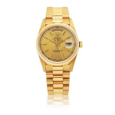 View full screen - View 1 of Lot 904. ROLEX | DAY-DATE, REF 18238 YELLOW GOLD WRISTWATCH WITH DAY DATE AND BRACELET CIRCA 1995.
