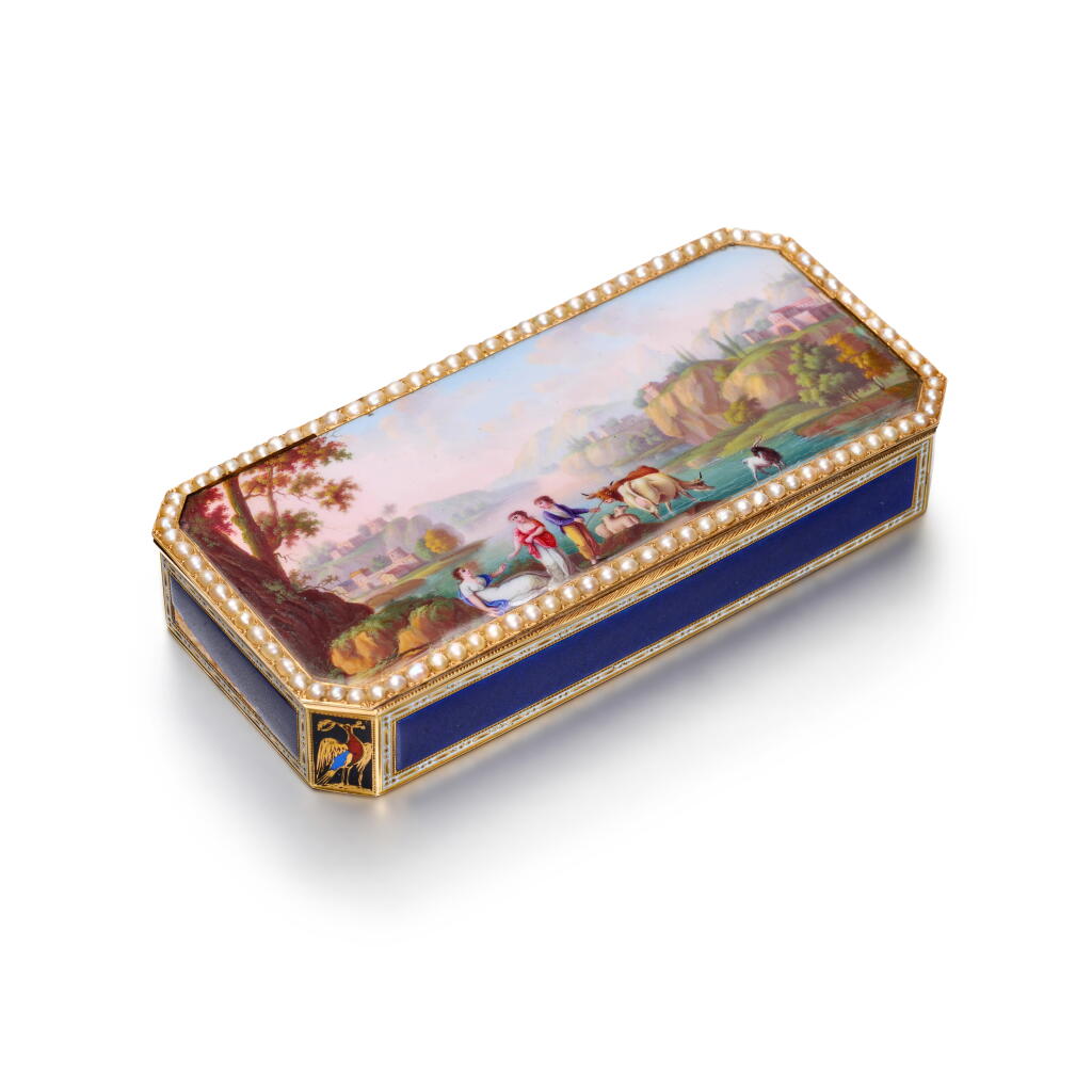 View full screen - View 1 of Lot 1097. A pearl-set gold and enamel snuff box, probably Louis Galopin, Geneva, circa 1800.