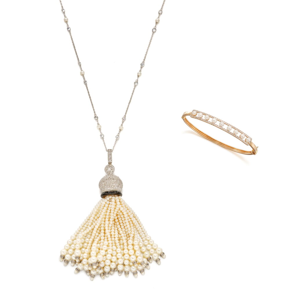 View full screen - View 1 of Lot 518. Seed Pearl, White Sapphire, Enamel and Diamond Tassel Necklace; and Seed Pearl and Diamond Bangle | 珍珠, 白色剛玉 配 琺瑯彩 及 鑽石項鏈; 及 珍珠 配 鑽石手鐲 .