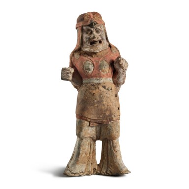 View full screen - View 1 of Lot 546. A painted gray pottery warrior, Northern Wei dynasty | 北魏 灰陶加彩武士立俑.