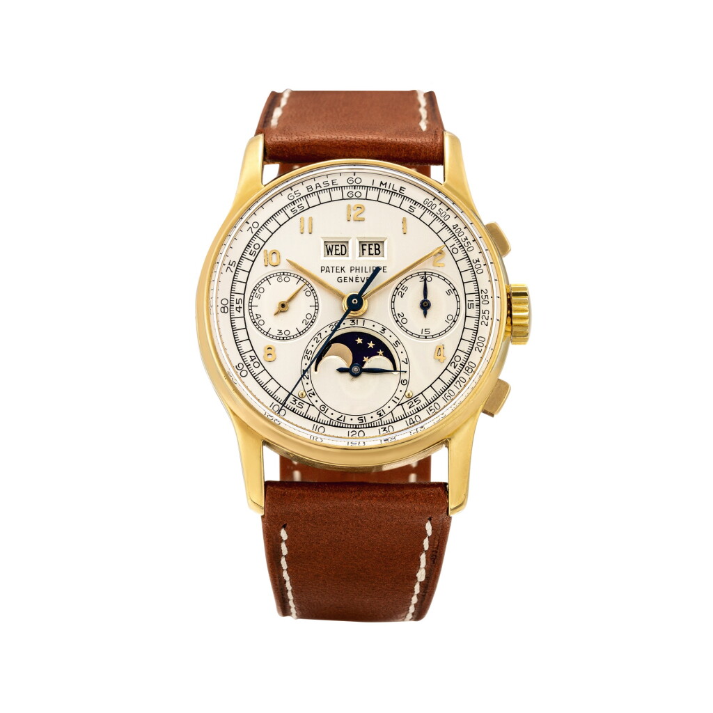 View full screen - View 1 of Lot 2263. Patek Philippe | Reference 1518, A highly exceptional yellow gold perpetual calendar chronograph wristwatch with moon phases and original box, Circa 1951 | 百達翡麗 | 型號1518 非常精美黃金萬年曆計時腕錶,備月相顯示,附帶原裝盒子,約1951年製.