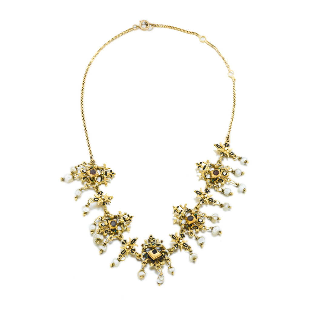 View full screen - View 1 of Lot 1008. An enamel and baroque pearl gold-mounted necklace, Probably South Italian, 17th century and later.