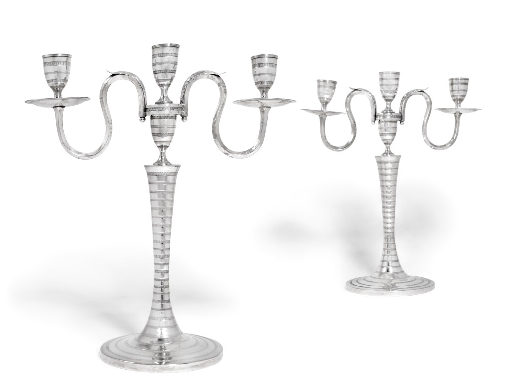 View full screen - View 1 of Lot 40. A pair of Austrian silver three-light candelabra, Josef Laubenbacher, Vienna, 1804.