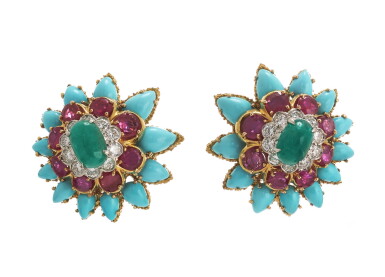 View full screen - View 1 of Lot 111. DAVID WEBB | PAIR OF TURQUOISE, EMERALD, RUBY AND DIAMOND EARRINGS.
