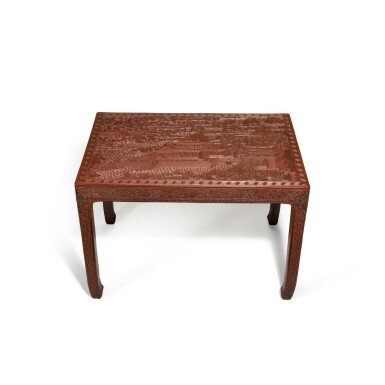 View full screen - View 1 of Lot 155. A rare small carved cinnabar lacquer table, Late Ming/early Qing dynasty, 17th century | 明末/清初 剔紅亭臺樓閣圖長方桌.