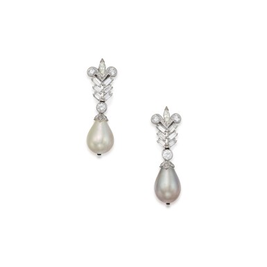View full screen - View 1 of Lot 365. Pair of Natural Pearl and Diamond Earclips, France.