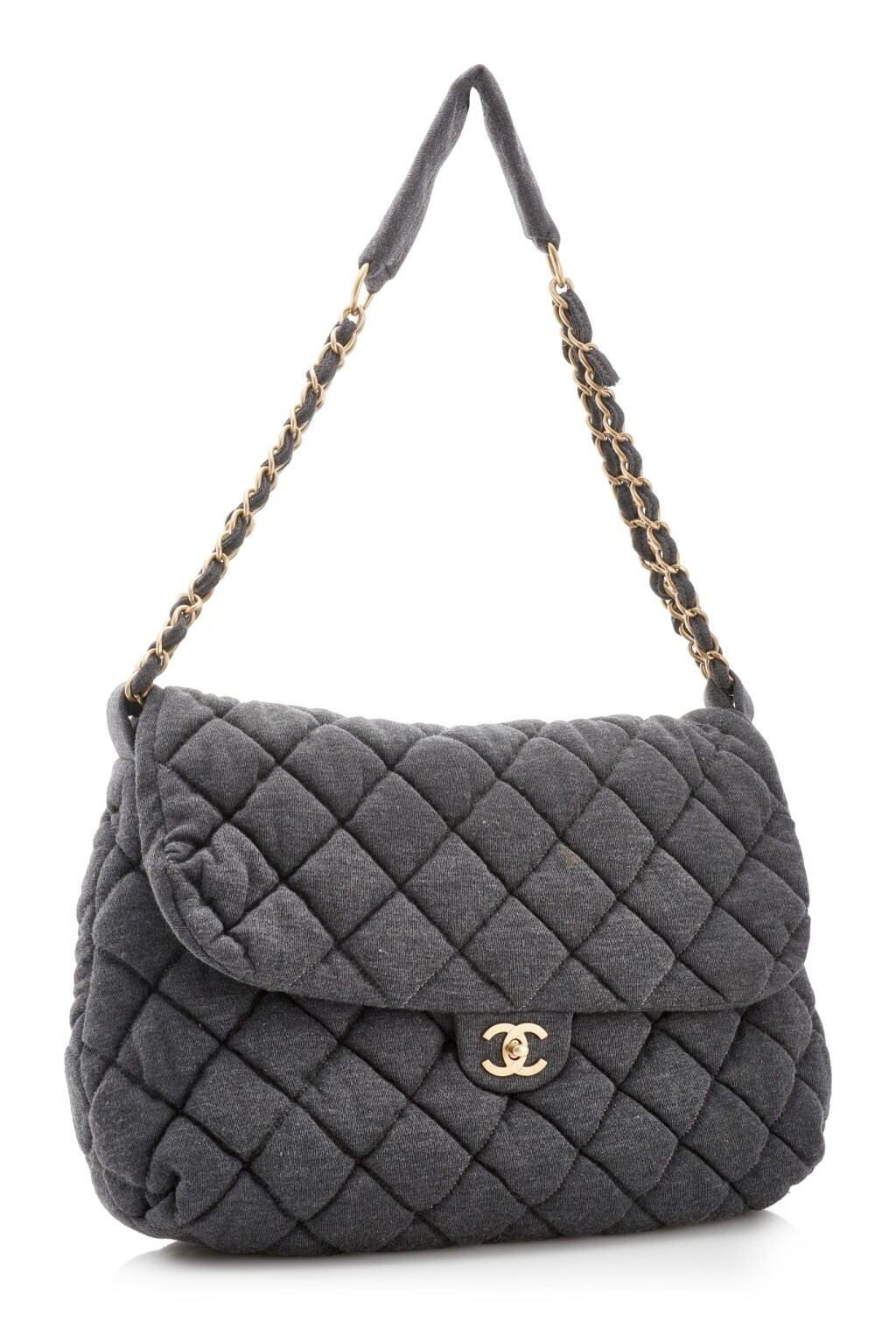 View full screen - View 1 of Lot 65. GREY WOOL FABRIC WITH GOLD-TONE METAL CLASSIC SHOULDER BAG, CHANEL.