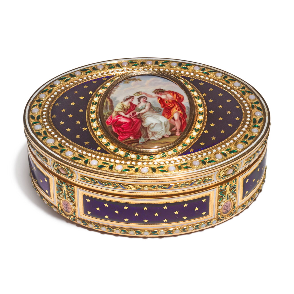 View full screen - View 1 of Lot 691. A LOUIS XVI ENAMELED GOLD OVAL SNUFF BOX, JOSEPH-ÉTIENNE BLERZY, PARIS, 1784.