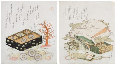 View full screen - View 1 of Lot 55. Ryuryukyo Shinsai (1764–1820) | Two surimono | Edo period, 19th century .