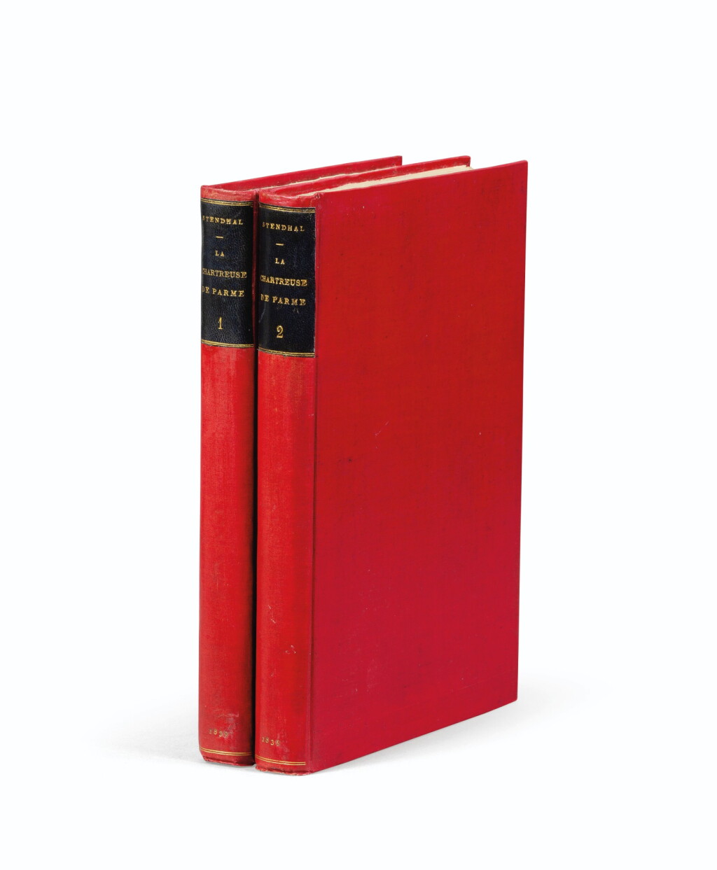 View full screen - View 1 of Lot 177. La Chartreuse de Parme. 1839. 2 vol., percaline rouge. E.O. Ex des Goncourt. Lettre jointe de Stendhal.