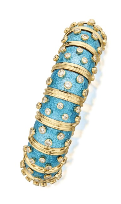 View full screen - View 1 of Lot 7. SCHLUMBERGER FOR TIFFANY & CO. | GOLD, ENAMEL AND DIAMOND BANGLE-BRACELET.