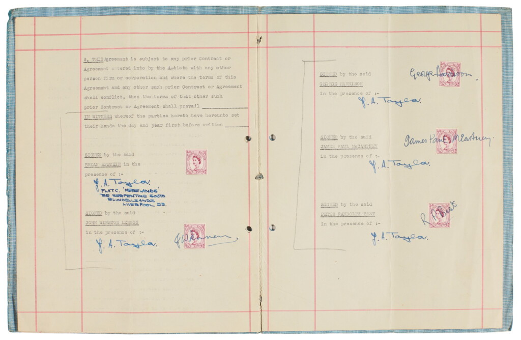 View full screen - View 1 of Lot 168. The Beatles, signed management contract with Brian Epstein, 24 January 1962.