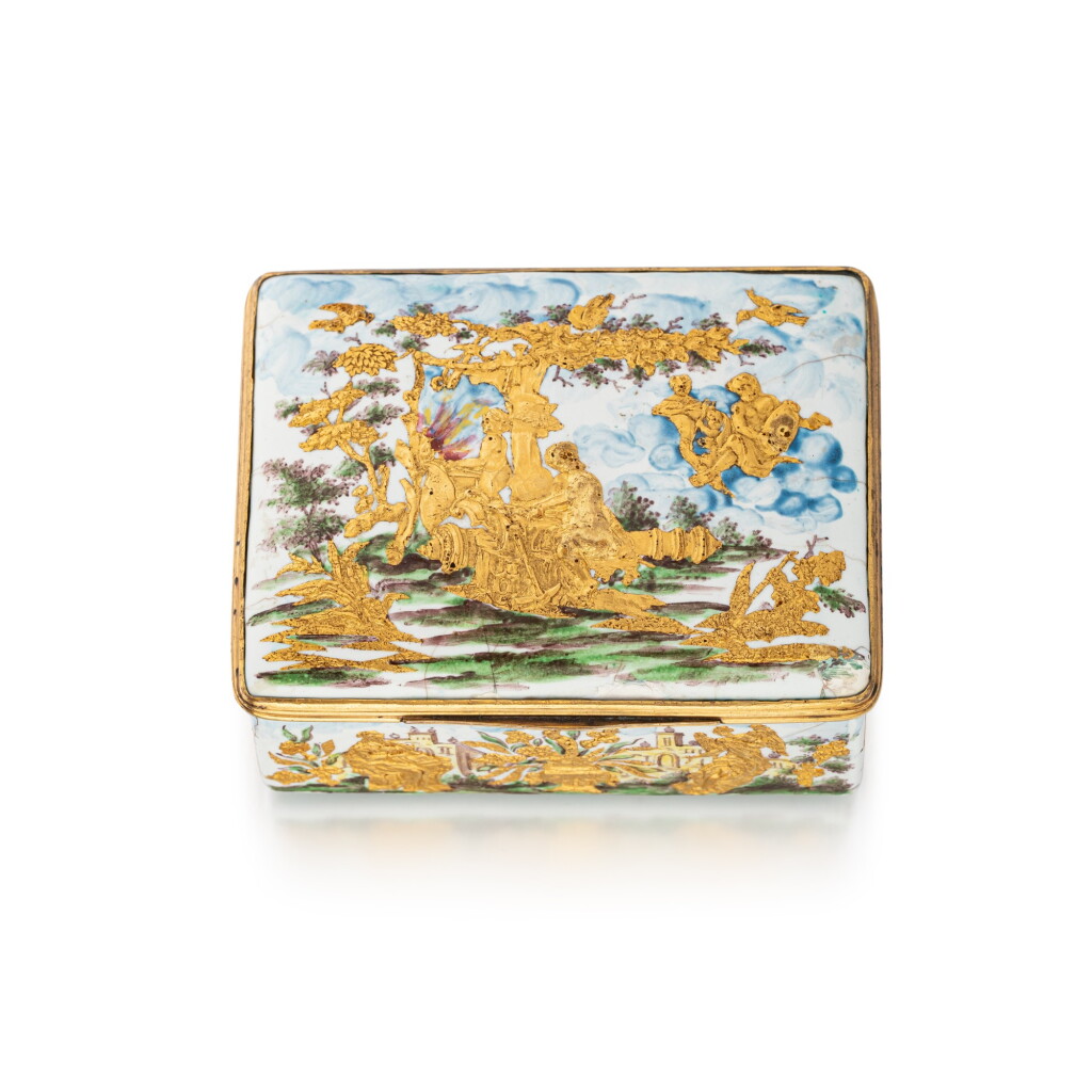 View full screen - View 1 of Lot 1200. A gold and enamel snuff box with gilt-metal mounts, Pierre Fromery, Berlin, circa 1760.
