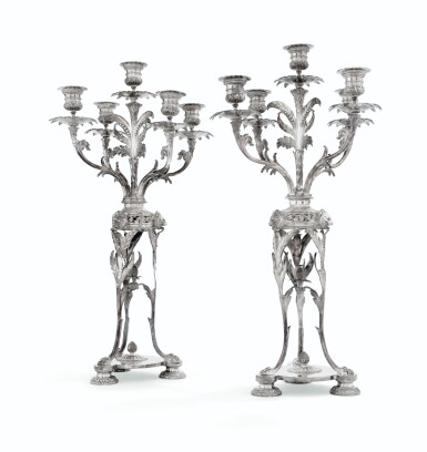 View full screen - View 1 of Lot 77. PAIR OF SILVER-PLATED CANDELABRA, ENGLAND, CIRCA 1860 | PAIRE DE CANDÉLABRES EN MÉTAL ARGENTÉ, ANGLETERRE, VERS 1860.
