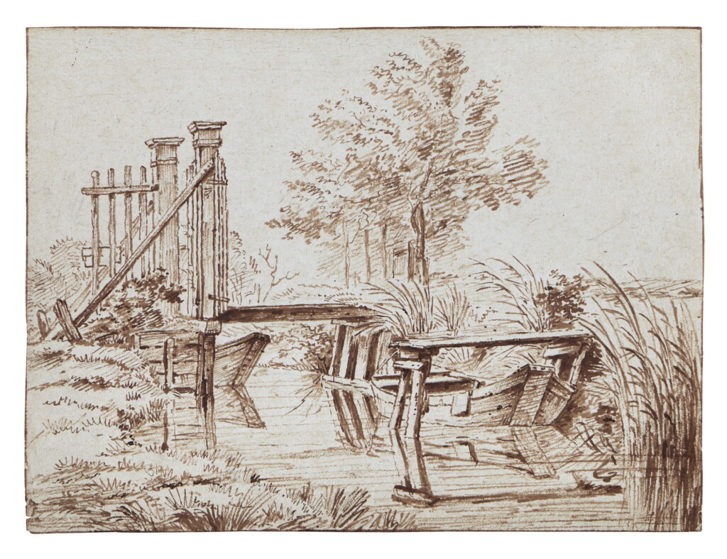 View full screen - View 1 of Lot 78. A bridge across a small canal, with moored boats.