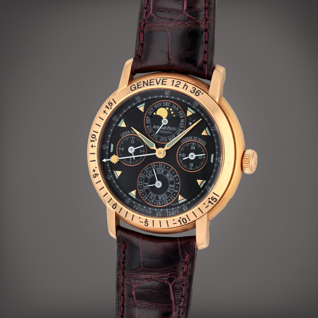 全螢幕檢視 - 查看287Jules Audemars Equation of Time 'Genève', Reference 25934OR | A pink gold automatic perpetual calendar wristwatch with equation of time, sunset/sunrise times, moon phases and leap-year indication calibrated for the city of Geneva | Circa 2002的1