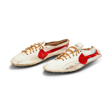 View full screen - View 1 of Lot 8. Bill Bowerman (Nike Co-Founder) Handmade Prototype Logo Track Spikes With Waffle Sole.